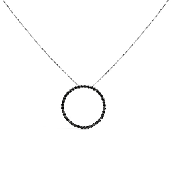 .925 Sterling Silver 2.0 Cttw Black Diamond Open Hoop Circle 18" Pendant Necklace (Black Color, I2-I3 Clarity)