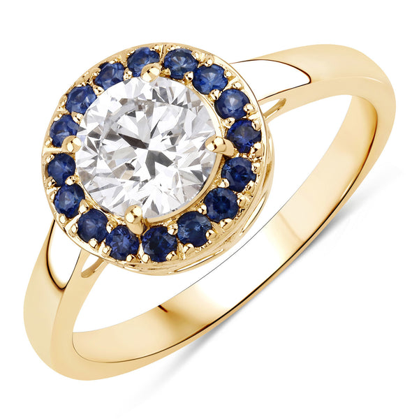 1.32 Carat Genuine Blue Sapphire and Lab Grown Diamond 14K Yellow Gold Ring