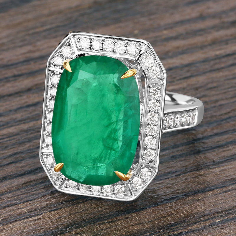 IGI Certified 11.78 Carat Genuine Zambian Emerald and White Diamond 14K Yellow & White Gold Ring