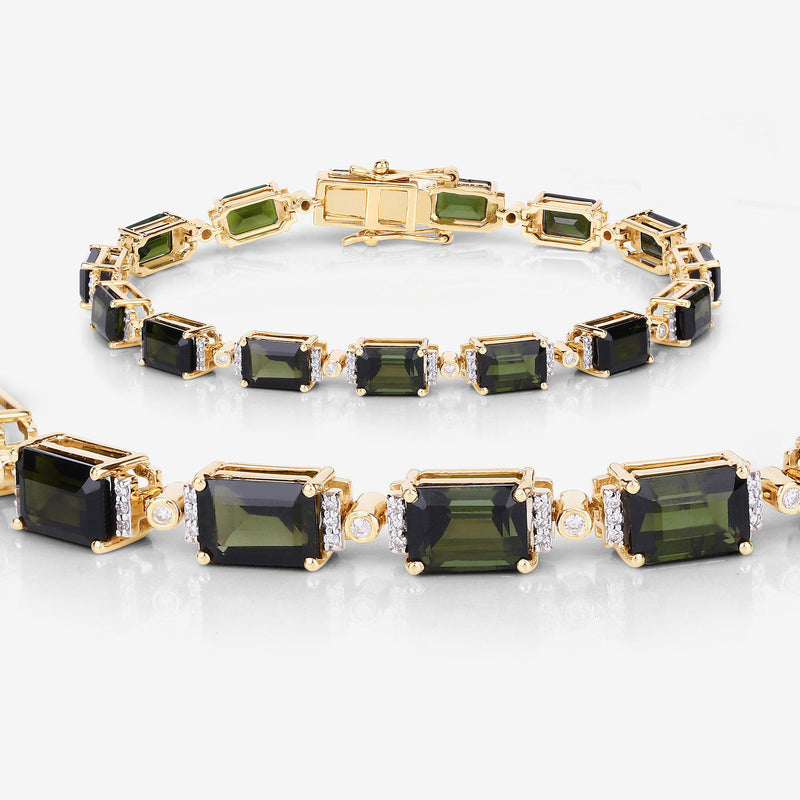 16.36 Carat Genuine Green Tourmaline and White Diamond 14K Yellow Gold Bracelet