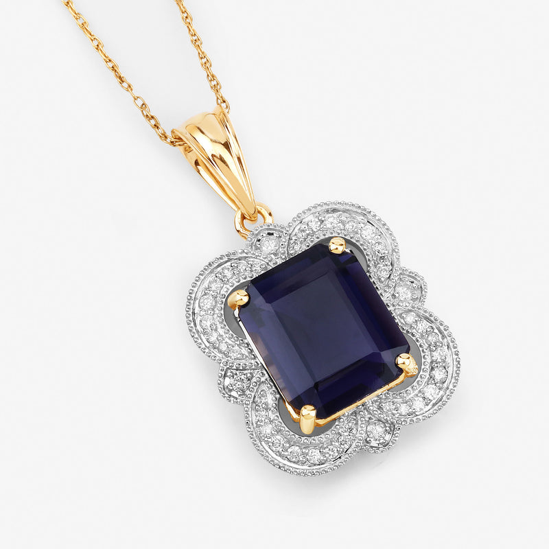 4.07 Carat Genuine Iolite and White Diamond 14K Yellow Gold Pendant