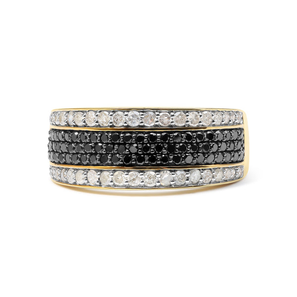 14K Yellow Gold Plated .925 Sterling Silver 1 1/4 Cttw White and Black Treated Diamond Multi Row Band (Black/I-J Color, I2-I3 Clarity) - Size 10