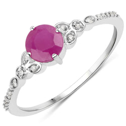 0.60 Carat Genuine Ruby and White Diamond 14K White Gold Ring