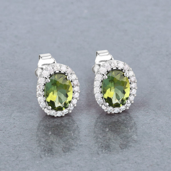 1.92 Carat Genuine Green Tourmaline and White Diamond 14K White Gold Earrings