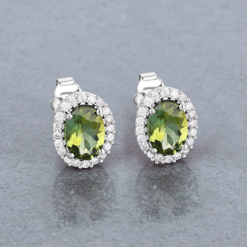 1.92 Carat Genuine Green Tourmaline and White Diamond 14K White Gold Earrings