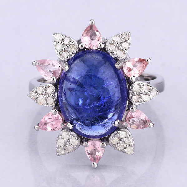 5.18 Carat Genuine Pink Tourmaline, Tanzanite and White Diamond .925 Sterling Silver Ring