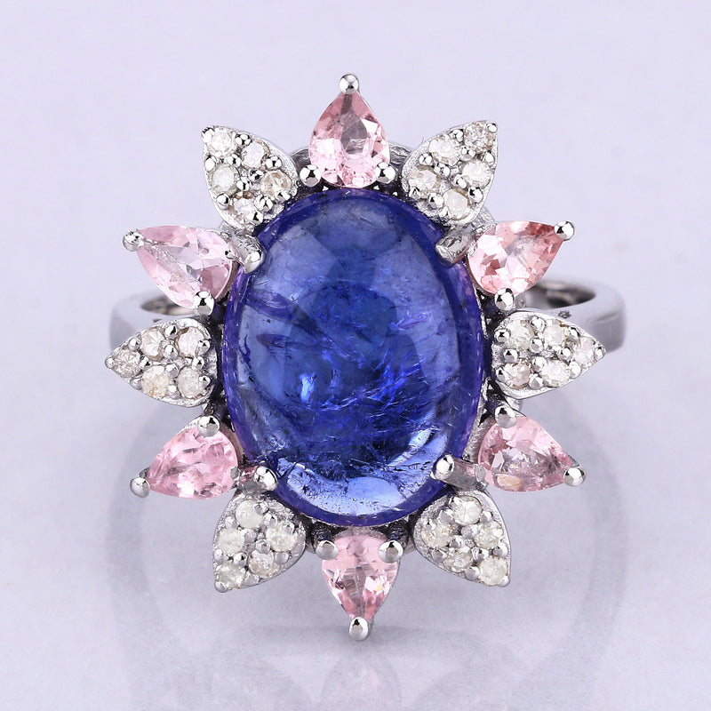 5.18 Carat Genuine Pink Tourmaline, Tanzanite and White Diamond .925 Sterling Silver Ring