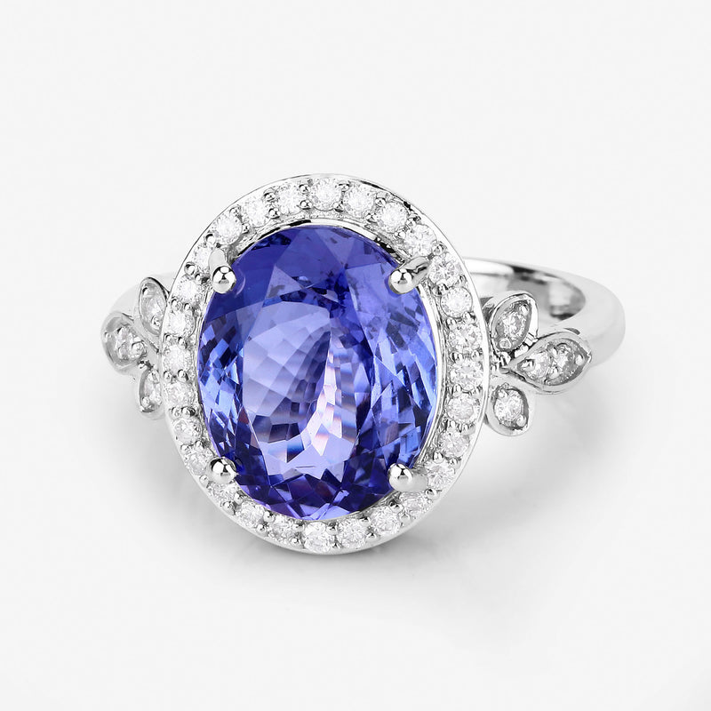 5.21 Carat Genuine Tanzanite and White Diamond 14K White Gold Ring