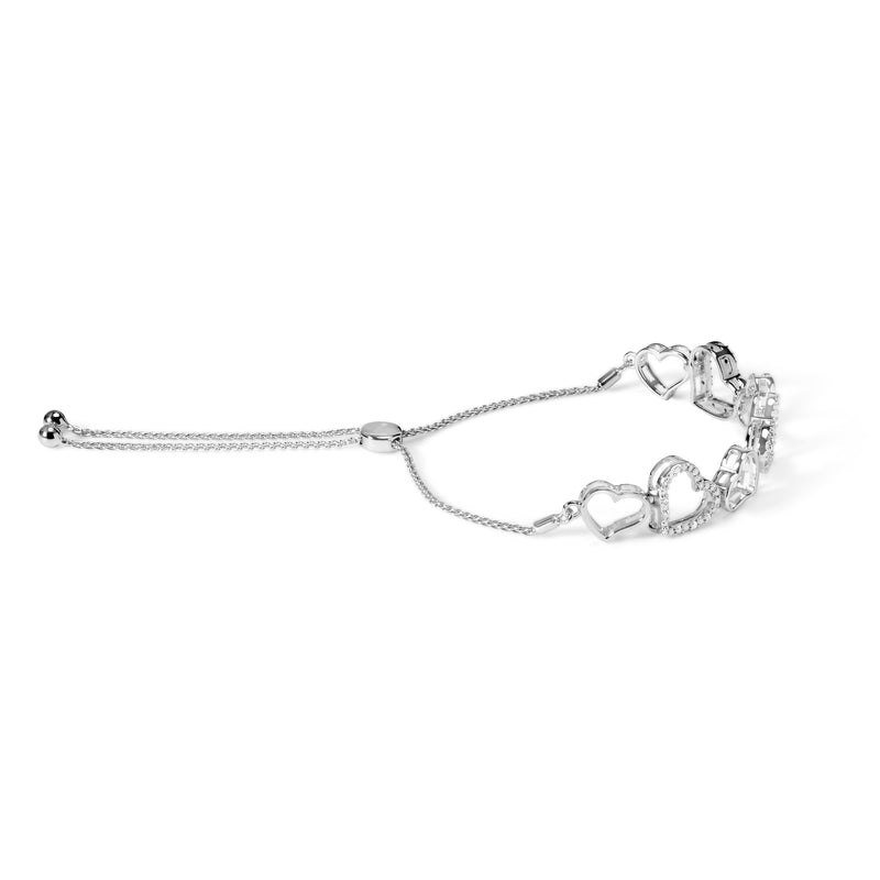 .925 Sterling Silver 1/4 Cttw Diamond Open Heart Link Adjustable Bolo Bracelet   (I-J Color, I2-I3 Clarity) - 4 to 10 Inches