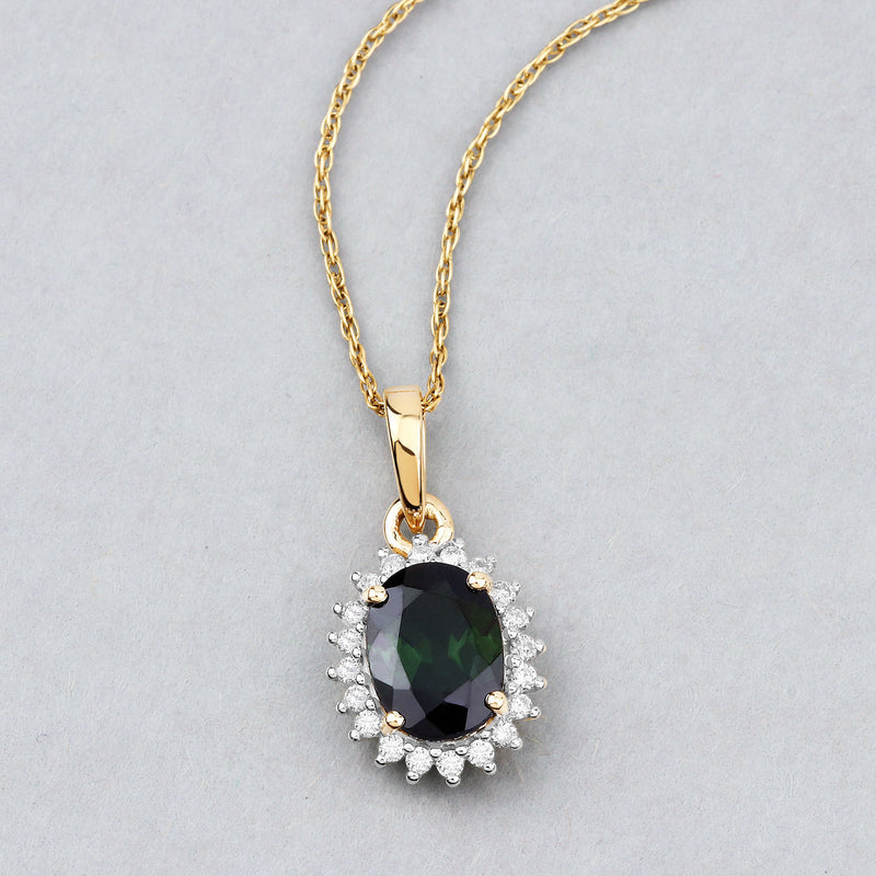 1.39 Carat Genuine Green Tourmaline and White Diamond 14K Yellow Gold Pendant