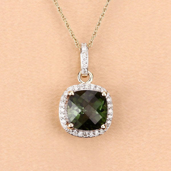 2.61 Carat Genuine Green Tourmaline and White Diamond 14K Yellow Gold Pendant