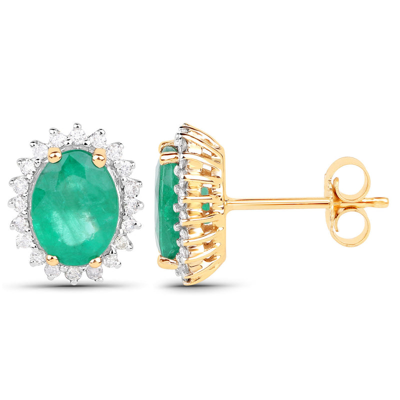 2.66 Carat Genuine Zambian Emerald and White Diamond 14K Yellow Gold Earrings