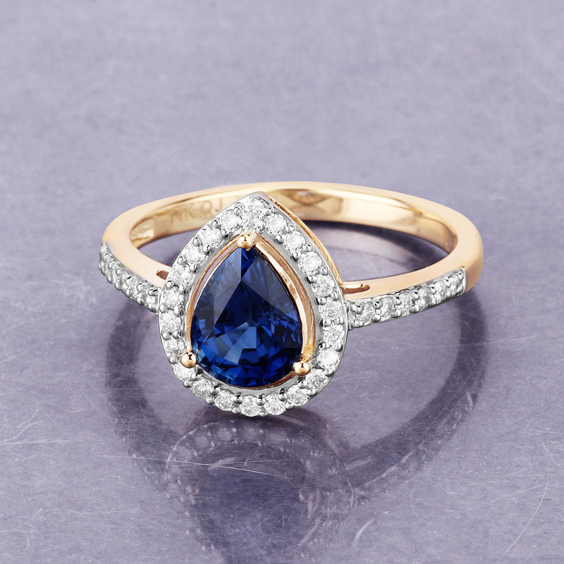 1.71 Carat Genuine Blue Sapphire and White Diamond 14K Yellow Gold Ring