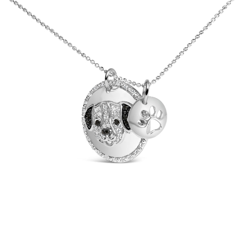 .925 Sterling Silver 1/4 Cttw White and Black Diamond Pitbull Dog Medallion and Charm 18" Pendant Necklace (I-J Color, I2-I3 Clarity)