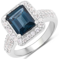 5.03 Carat Genuine London Blue Topaz and White Topaz .925 Sterling Silver Ring