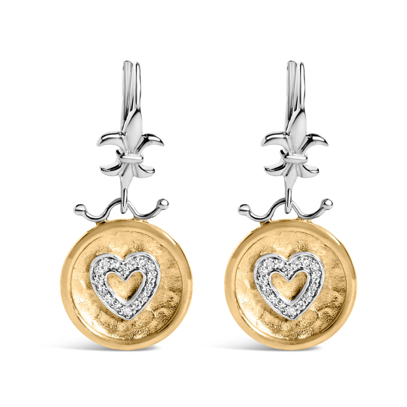 18K Yellow Gold Plated .925 Sterling Silver 1/8 Cttw Diamond Hammered Finished Medallion Heart Drop and Dangle Earrings (I-J Color, SI1-SI2 Clarity)