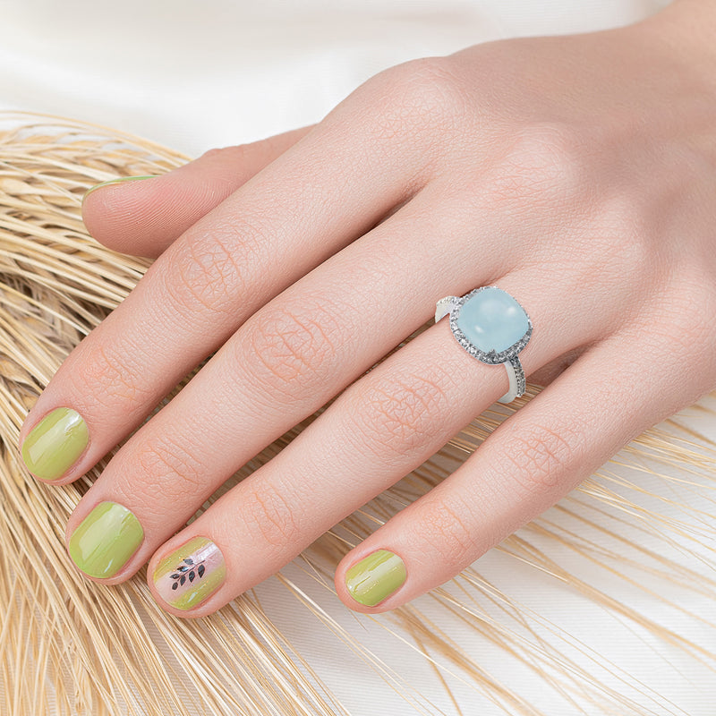 V3 Jewelry Natural Aquamarine and White Topaz Cushion Cut Halo Ring