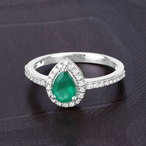 0.88 Carat Genuine Zambian Emerald and White Diamond 14K White Gold Ring