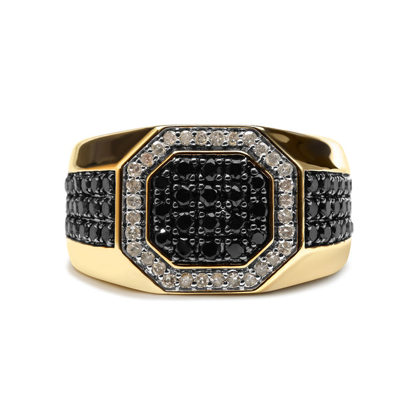 Men's 14K Yellow Gold Plated .925 Sterling Silver 1 1/4 Cttw White and Black Diamond Signet Style Band Ring (Black / I-J Color, I2-I3 Clarity) - Size 10