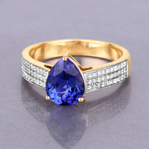 2.41 Carat Genuine Tanzanite and White Diamond 14K Yellow Gold Ring