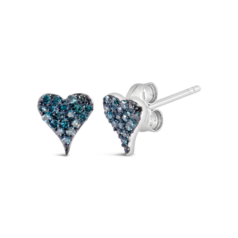 925 Sterling Silver 1/10 Cttw Blue Diamond Heart Shaped Stud Earrings (Blue Color, I3 Clarity)