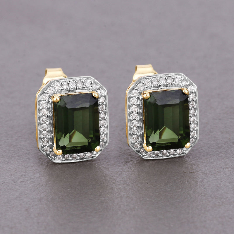 3.57 Carat Genuine Green Tourmaline and White Diamond 14K Yellow Gold Earrings