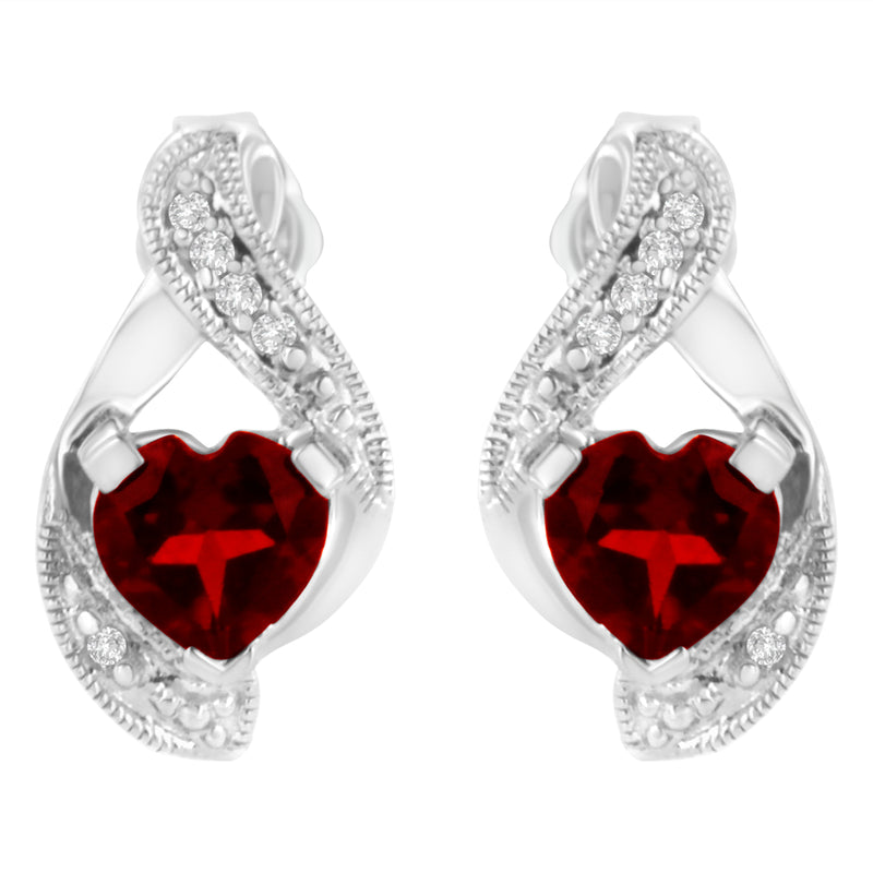 14KT White Gold 6x6mm Created Red Heart Garnet and Diamond Accent Earrings (I-J, I1-I2)