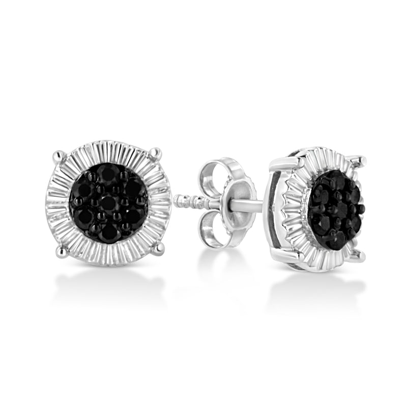 .925 Sterling Silver 1/4 Cttw Black Color Treated Diamond Cluster Flower Stud Earrings (Black Color, I2-I3 Clarity)