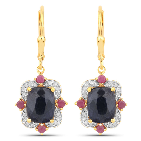 6.59 Carat Dyed Sapphire, Ruby and White Diamond .925 Sterling Silver Earrings