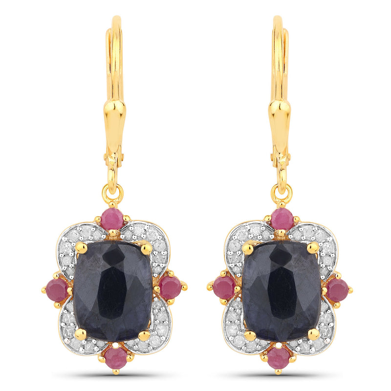 6.59 Carat Dyed Sapphire, Ruby and White Diamond .925 Sterling Silver Earrings