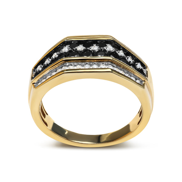 Men's 10K Yellow Gold 1 1/2 Cttw White and Black Treated Diamond Cluster Ring (Black / I-J Color, I2-I3 Clarity) - Size 10