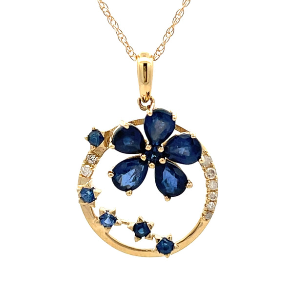 1.23ct Sapphire Diamond Flower Pendant 14KT Yellow Gold