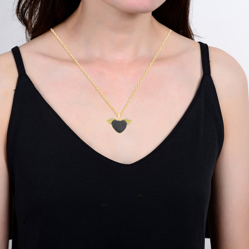 V3 Jewelry 18K Gold Plated with Natural Black Spinel and White Zircon Heart Pendant 18"