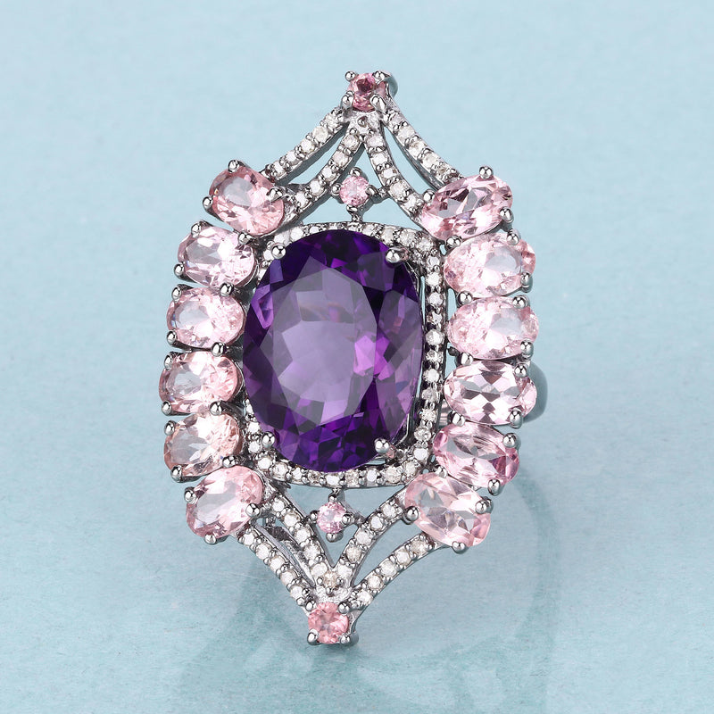 15.68 Carat Genuine Pink Tourmaline, Amethyst and White Diamond .925 Sterling Silver Ring