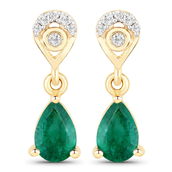 0.75 Carat Genuine Zambian Emerald And White Diamond 10K Yellow Gold Earrings