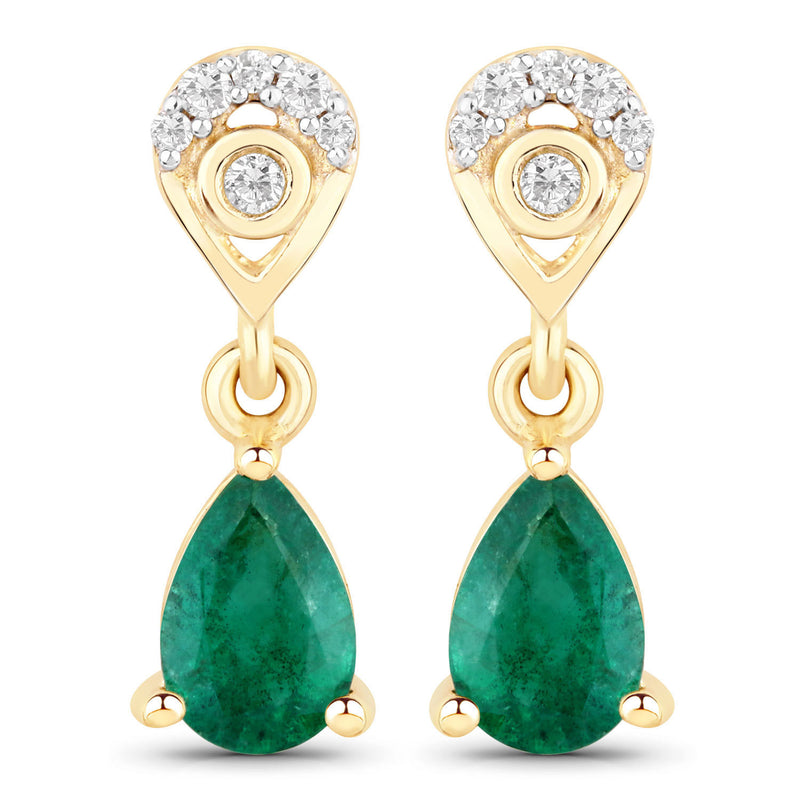 0.75 Carat Genuine Zambian Emerald And White Diamond 10K Yellow Gold Earrings