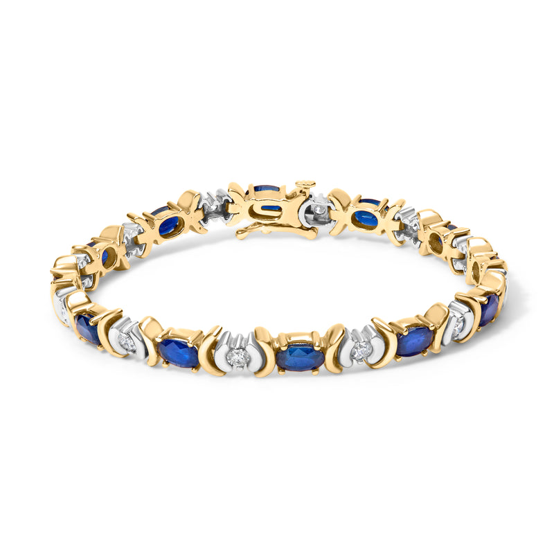 14K Yellow Gold 1.00 Cttw Alternating  Diamond and 6 1/2 Cttw Oval Blue Sapphire Link Bracelet (H-I Color, SI1-SI2 Clarity) - 7" Inches