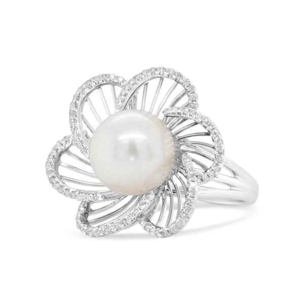 14K White Gold 11mm Round Pearl and 1/3 Cttw Round Diamond Openwork Flower Blossom Ring (H-I Color, VS1-VS2 Clarity) - Size 6.50