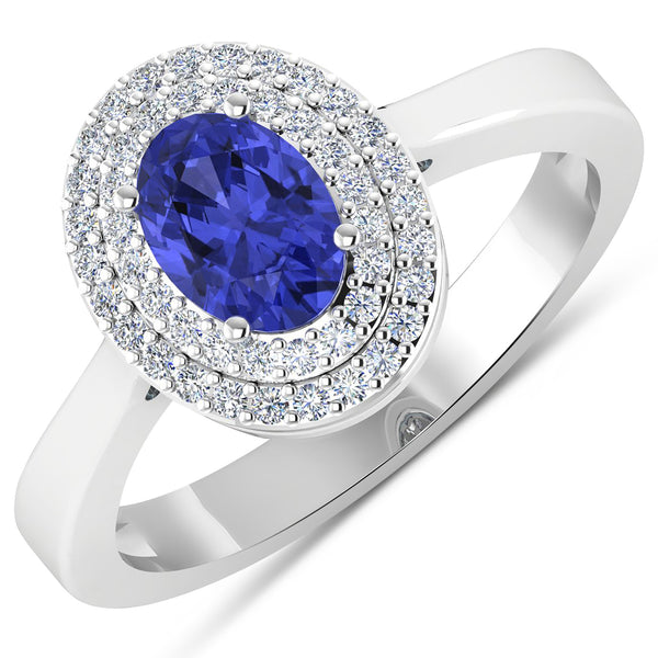 0.91 Carat Genuine Tanzanite and White Diamond 14K White Gold Ring