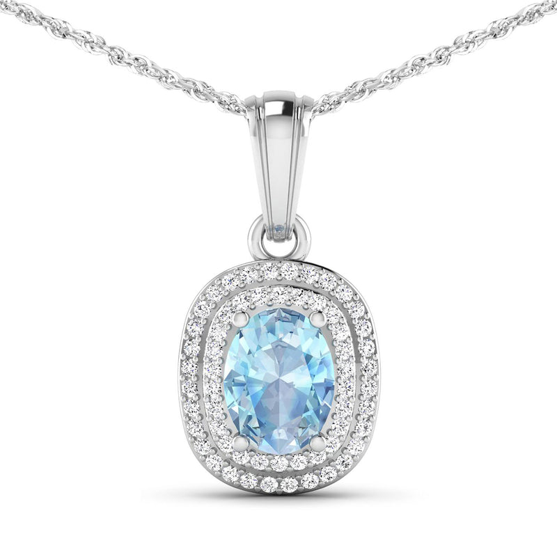 1.35 Carat Genuine Aquamarine and White Diamond 14K White Gold Pendant