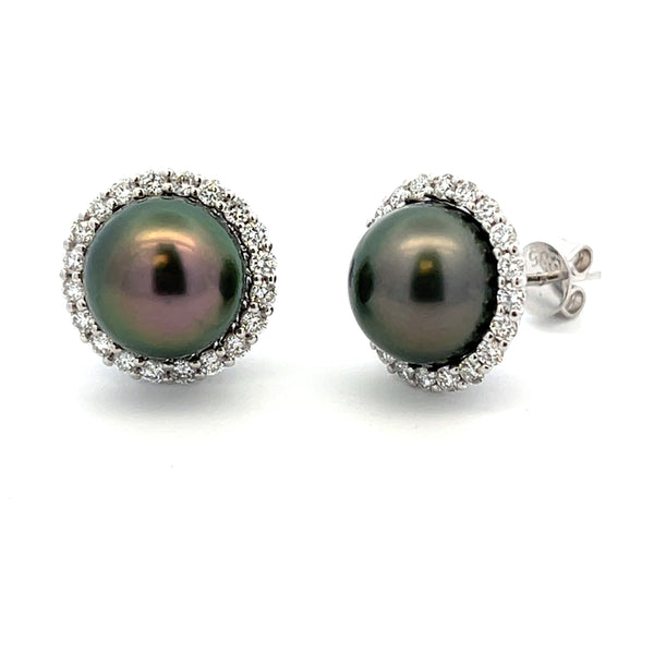 Tahitian Pearl Diamond Stud Earrings 14KT White Gold