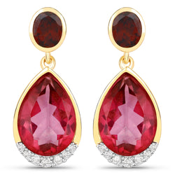 7.98 Carat Genuine Pink Topaz, Rhodolite Garnet and White Diamond .925 Sterling Silver Earrings