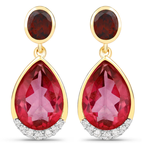 7.98 Carat Genuine Pink Topaz, Rhodolite Garnet and White Diamond .925 Sterling Silver Earrings