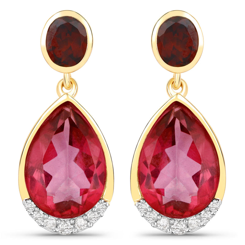 7.98 Carat Genuine Pink Topaz, Rhodolite Garnet and White Diamond .925 Sterling Silver Earrings