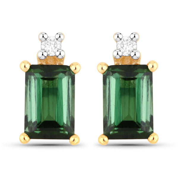 1.24 Carat Genuine Green Tourmaline and White Diamond 14K Yellow Gold Earrings