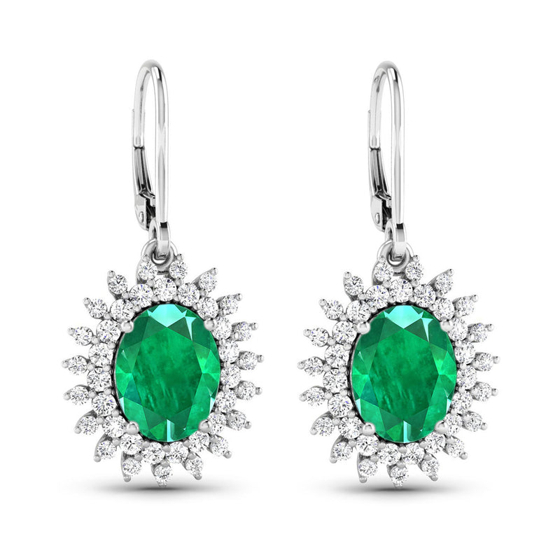 3.90 Carat Genuine Zambian Emerald and White Diamond 14K White Gold Earrings