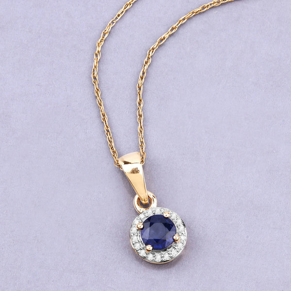 0.52 Carat Genuine Blue Sapphire and White Diamond 14K Yellow Gold Pendant