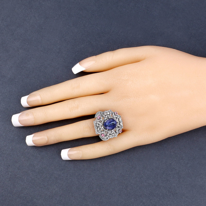 3.31 Carat Genuine Pink Tourmaline, Kyanite and White Diamond .925 Sterling Silver Ring