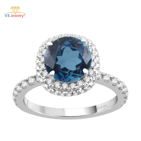 V3 Jewelry Natural London Blue Topaz & Sterling Silver Double-Halo Round-Cut Ring