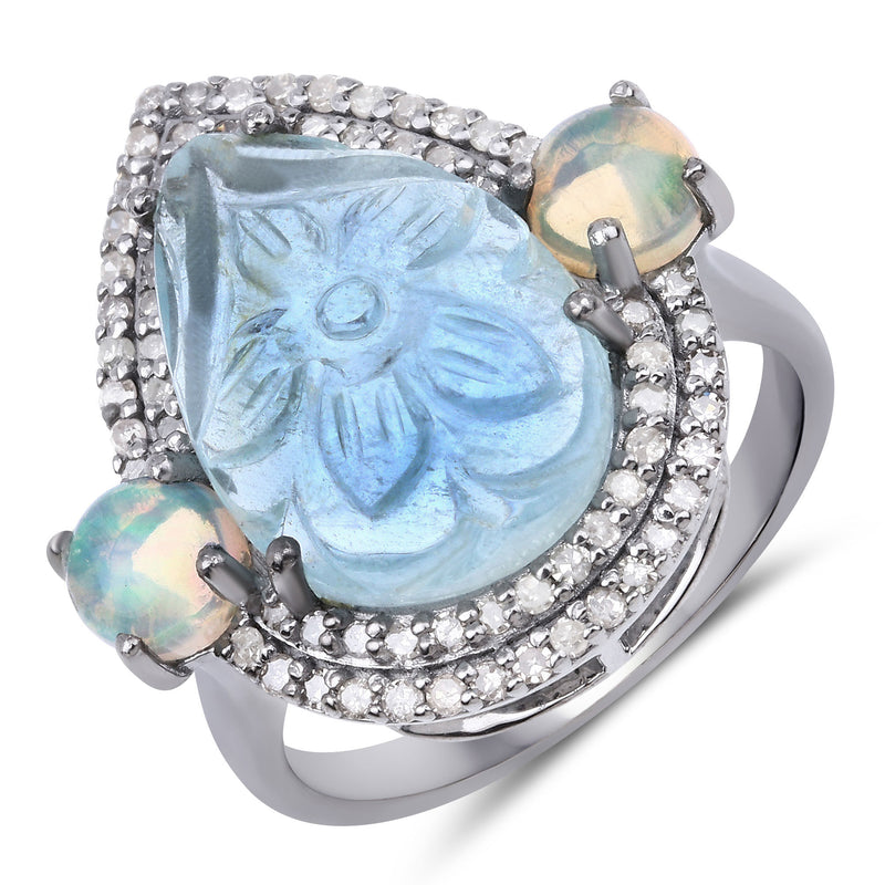 10.32 Carat Genuine Opal, Blue Topaz and White Diamond .925 Sterling Silver Ring